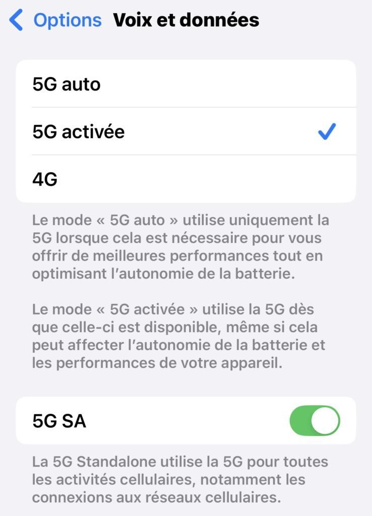 Fotonetzwerkeinstellung Screenshot der Netzwerkeinstellungen eines iPhones, der zeigt, dass Sunrise 5G SA aktiviert hat.
