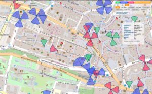 Mappa delle antenne in Svizzera: mostra le antenne e il loro fascio di irradiazione. Cliccando su un’antenna, vengono visualizzate informazioni come la frequenza, il PCI, la modalità adattiva, l’azimut, l’altezza, la potenza, il tipo di antenna e la data di messa in servizio.
