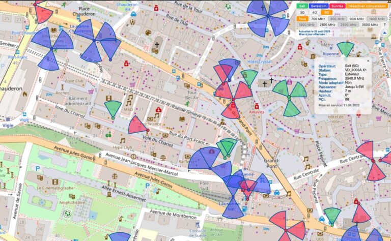Carte des antennes en Suisse : elle montre les antennes et leur faisceau de rayonnement. Lorsqu’on clique dessus, on voit des informations telles que la fréquence, le PCI, le mode adaptatif, l’azimut, la hauteur, la puissance, le type d'antenne et la date de mise en service.