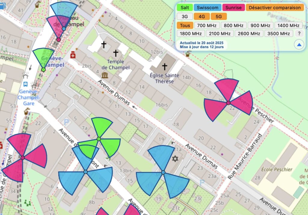 Image de la carte interactive de Carte Antenne Suisse avec le mode comparaison activé