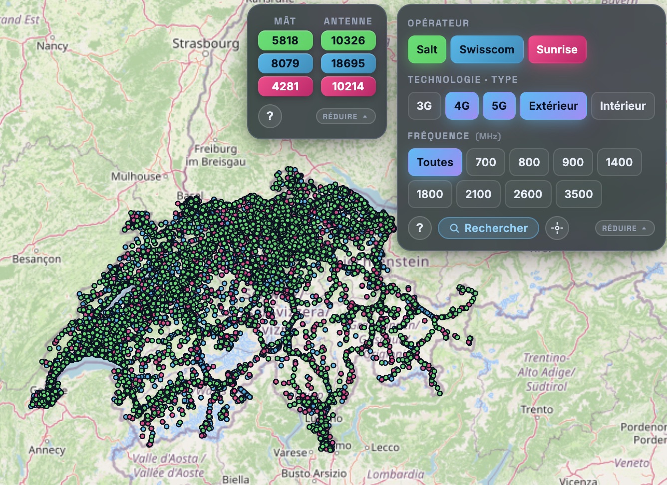 Cela montre les options qu'on peut choisir sur la carte des antennes.