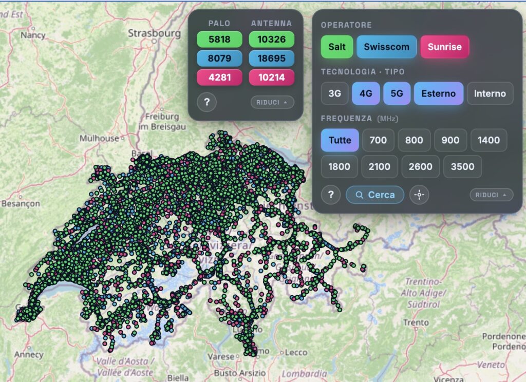 Mostra le opzioni selezionabili sulla mappa delle antenne.