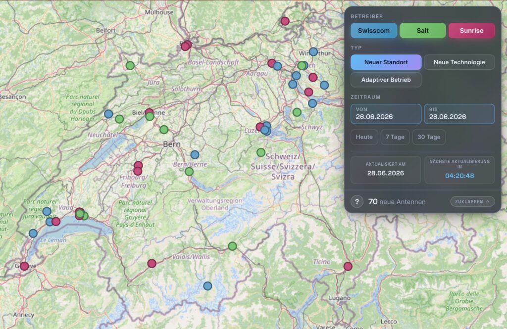 Eine interaktive Karte der Schweiz mit den neuesten Ausbauten von Mobilfunkantennen von Swisscom, Salt und Sunrise. Filter ermöglichen die Auswahl nach Installationsart und Zeitraum. Ein Informationsbereich zeigt zudem die Gesamtzahl der neu installierten Antennen für den gewählten Zeitraum sowie den Countdown bis zur nächsten Aktualisierung an.