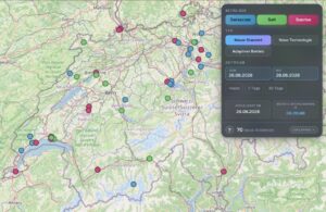Eine interaktive Karte der Schweiz mit den neuesten Ausbauten von Mobilfunkantennen von Swisscom, Salt und Sunrise. Filter ermöglichen die Auswahl nach Installationsart und Zeitraum. Ein Informationsbereich zeigt zudem die Gesamtzahl der neu installierten Antennen für den gewählten Zeitraum sowie den Countdown bis zur nächsten Aktualisierung an.