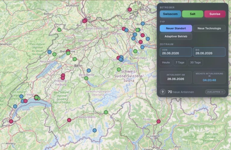Eine interaktive Karte der Schweiz mit den neuesten Ausbauten von Mobilfunkantennen von Swisscom, Salt und Sunrise. Filter ermöglichen die Auswahl nach Installationsart und Zeitraum. Ein Informationsbereich zeigt zudem die Gesamtzahl der neu installierten Antennen für den gewählten Zeitraum sowie den Countdown bis zur nächsten Aktualisierung an.