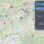 Une carte interactive de la Suisse affichant les récents déploiements d'antennes mobiles de Swisscom, Salt et Sunrise, avec des menus de filtres par type d'installation et par période. Un panneau affiche également le nombre total de nouvelles antennes pour les dates sélectionnées, ainsi que le compte à rebours avant la prochaine mise à jour.