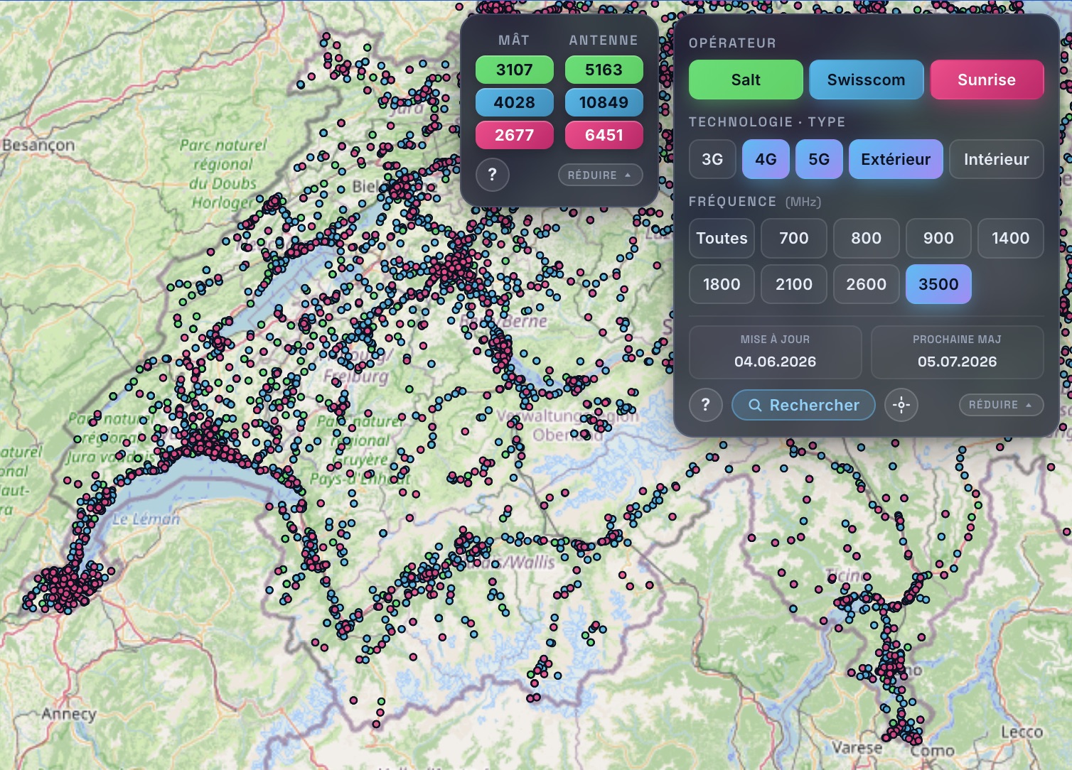 Carte interactive de l'emplacement des antennes 3G, 4G et 5G de Swisscom Sunrise et Salt