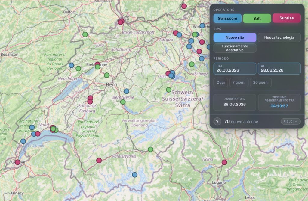 Una mappa interattiva della Svizzera che mostra i più recenti sviluppi delle antenne di telefonia mobile di Swisscom, Salt e Sunrise. I filtri consentono di selezionare il tipo di installazione e il periodo desiderato. Un pannello informativo mostra inoltre il numero totale delle nuove antenne per il periodo selezionato, nonché il conto alla rovescia fino al prossimo aggiornamento.