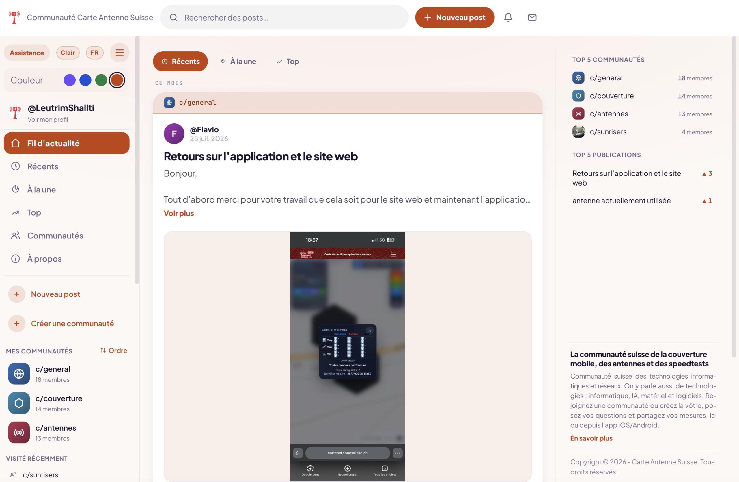 Fil d’actualité de la communauté Carte Antenne Suisse : publications sur la couverture mobile, les antennes et les speedtests en Suisse.