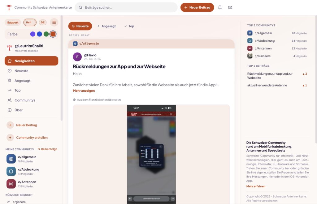 Neuigkeiten-Feed der Community Schweizer Antennenkarte: Beiträge zu Mobilfunkabdeckung, Antennen und Speedtests in der Schweiz.