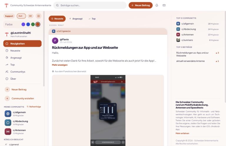 Neuigkeiten-Feed der Community Schweizer Antennenkarte: Beiträge zu Mobilfunkabdeckung, Antennen und Speedtests in der Schweiz.
