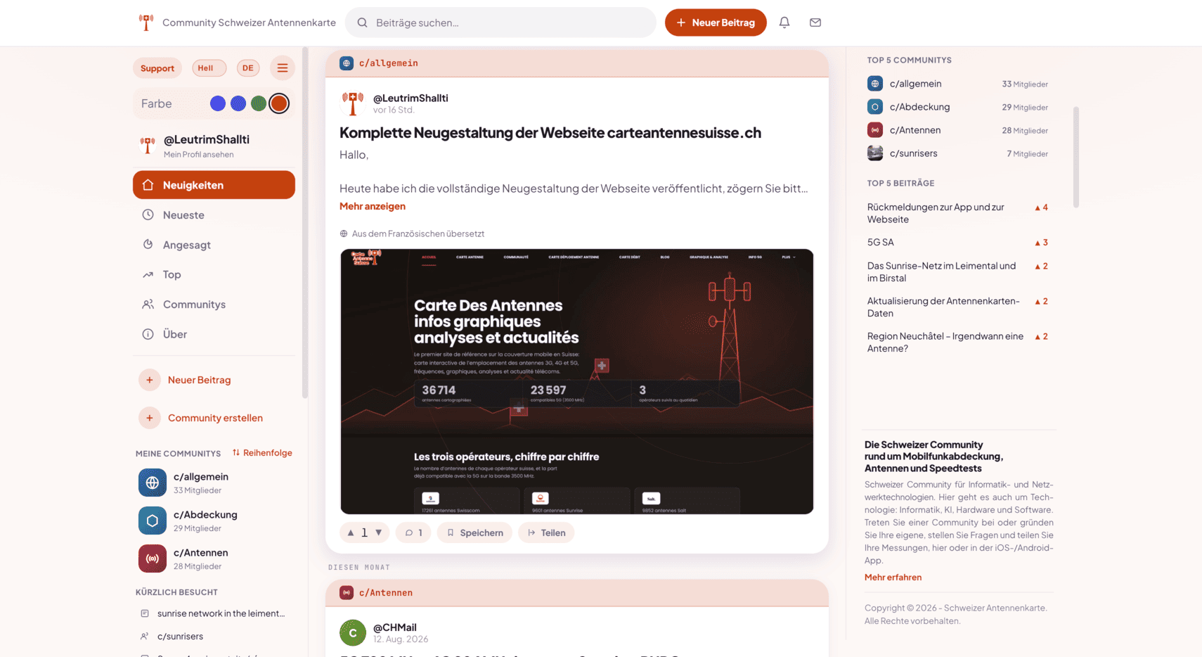 Vorschau der Community Schweizer Antennenkarte auf Deutsch