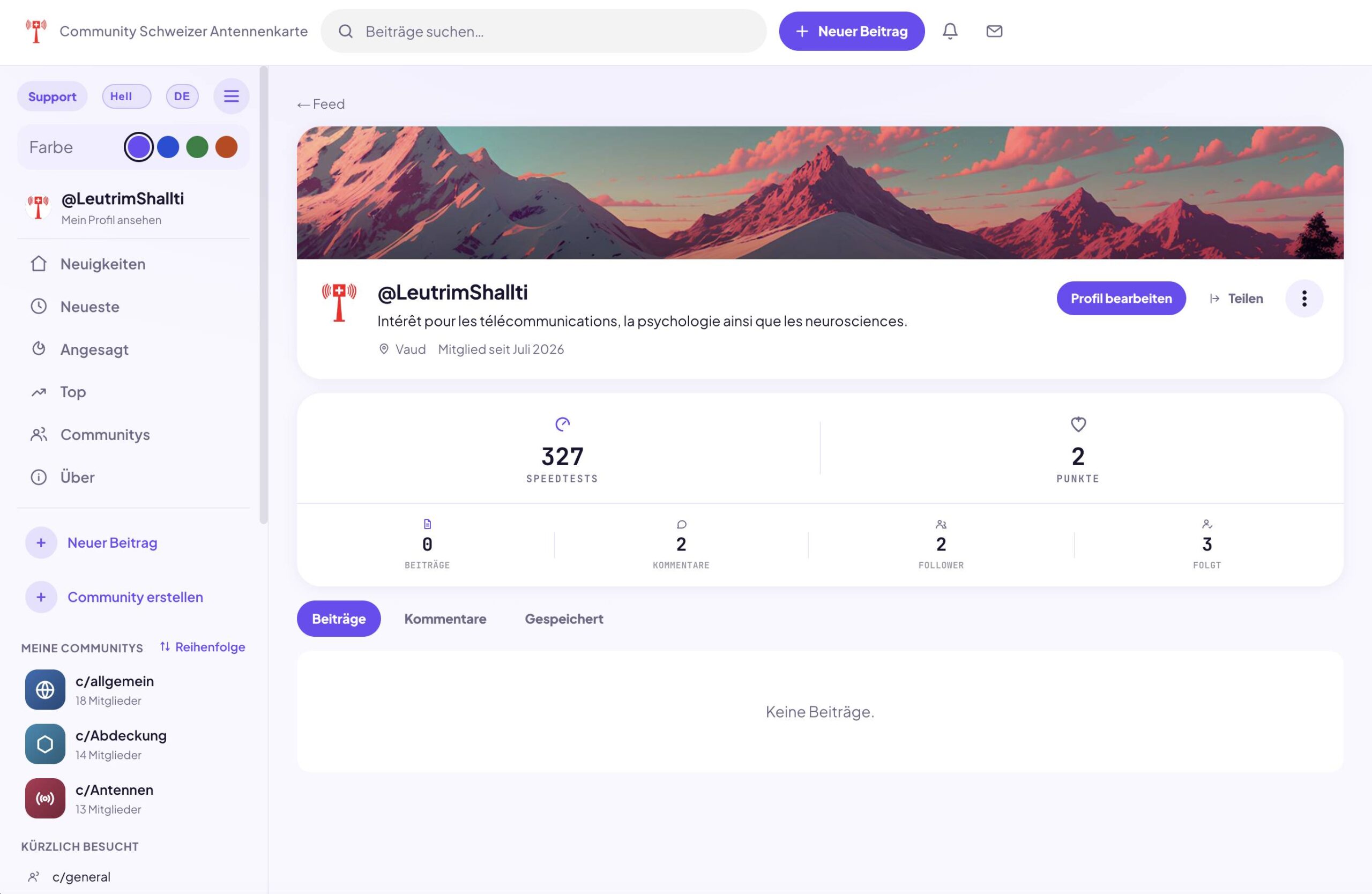 Mitgliedsprofil der Community Schweizer Antennenkarte: durchgeführte Speedtests, Beiträge, Follower und Abos.